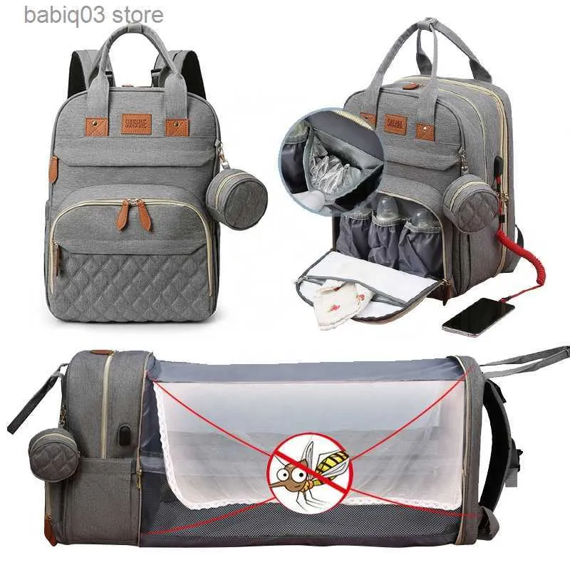 おむつバッグamiqi機能的ママおむつバッグベビーバッグ3 in 1 in 1 baby backpack bed nappi bag backpack and bribシェードクロス交換パッドT230525