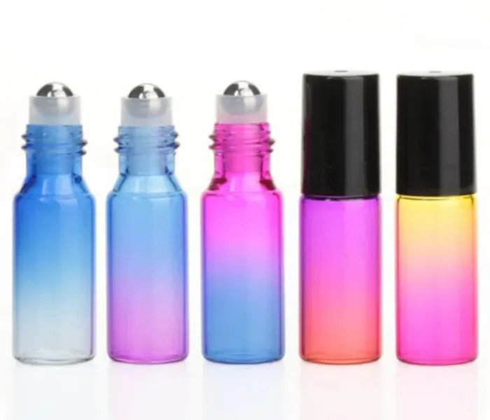 Hot Selling Travel Cosmetic Containers 10 ml Glass Roller flaskor Gradient Färgflaskor med rostfritt stålbollar rullar på flaskan perfekt för eterisk olja parfym