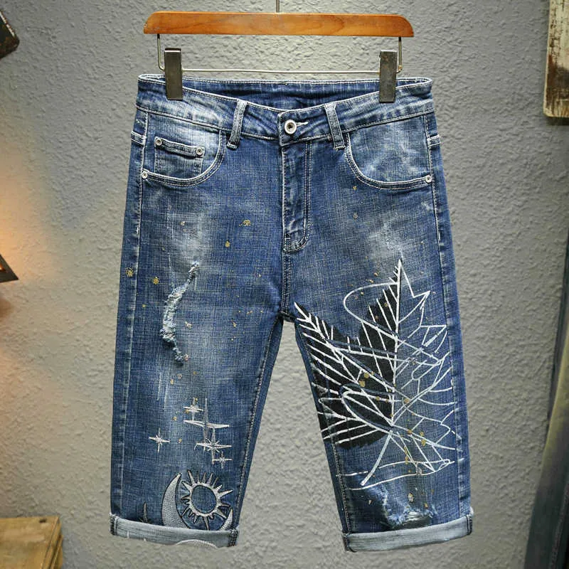 Bermuda Gedruckt Blatt Denim Sommer Neue Vintage Personalisierte Elastische Gerade Mode Straße männer Jeans Shorts P230525
