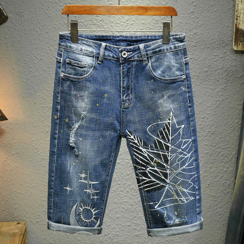 Bermudes imprimé feuille Denim été nouveau Vintage personnalisé élastique droite mode rue hommes Jeans Shorts P230525