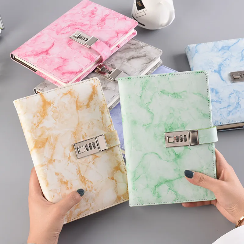 Notepads Password Notebook Marble Texture 100 Sheets Personal Diary with Lock Code Thick Notepad Leather Office School Supplies Gift 230525