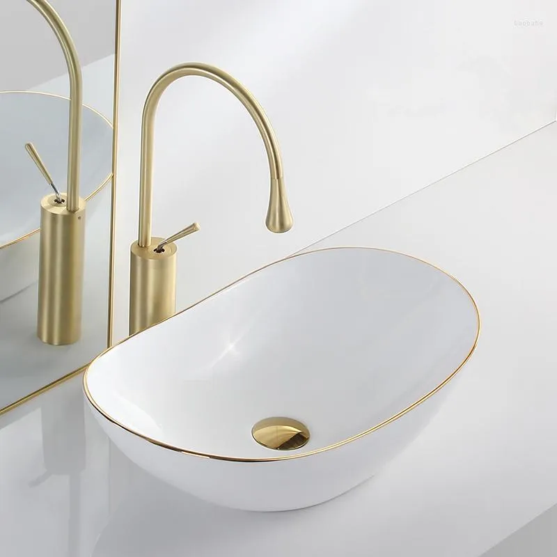 Bathroom Sink Faucets Light Luxury Golden Edge Table Basin Oval Washbasin Household Wash Ceramic Inter-Platform