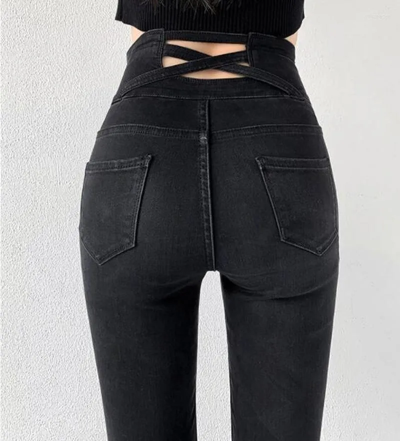 Kvinnors jeans 2023 kvinnors byxor mager blyerts fyra knappar vintage hög midja kvinnor smala sträcka denim täta byxor 22959