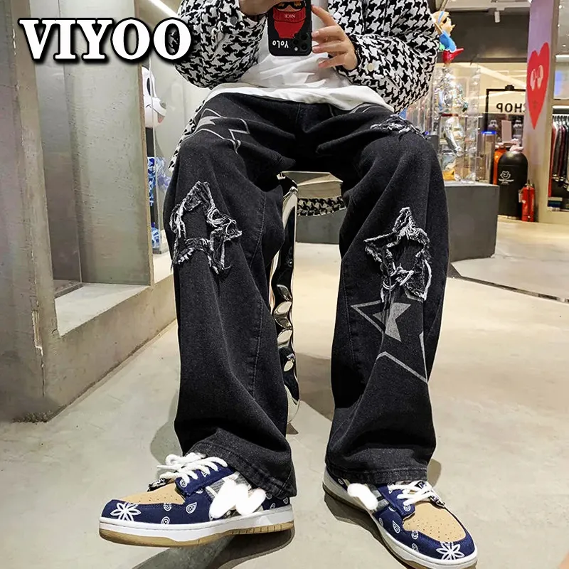 Dżinsy męskie vintage kobiety koreańskie dżinsowe spodnie Y2K Cltohes Streetwear Drukowane patchwork męskie workowate dżinsy proste spodnie dla mężczyzn 230524