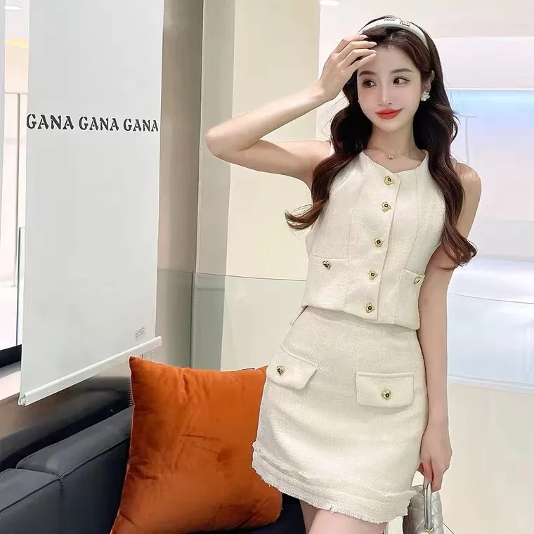 DHgate Chic Tweed Sleeveless Vest Mini Skirt Twinset for Women Rose S XL Apparel