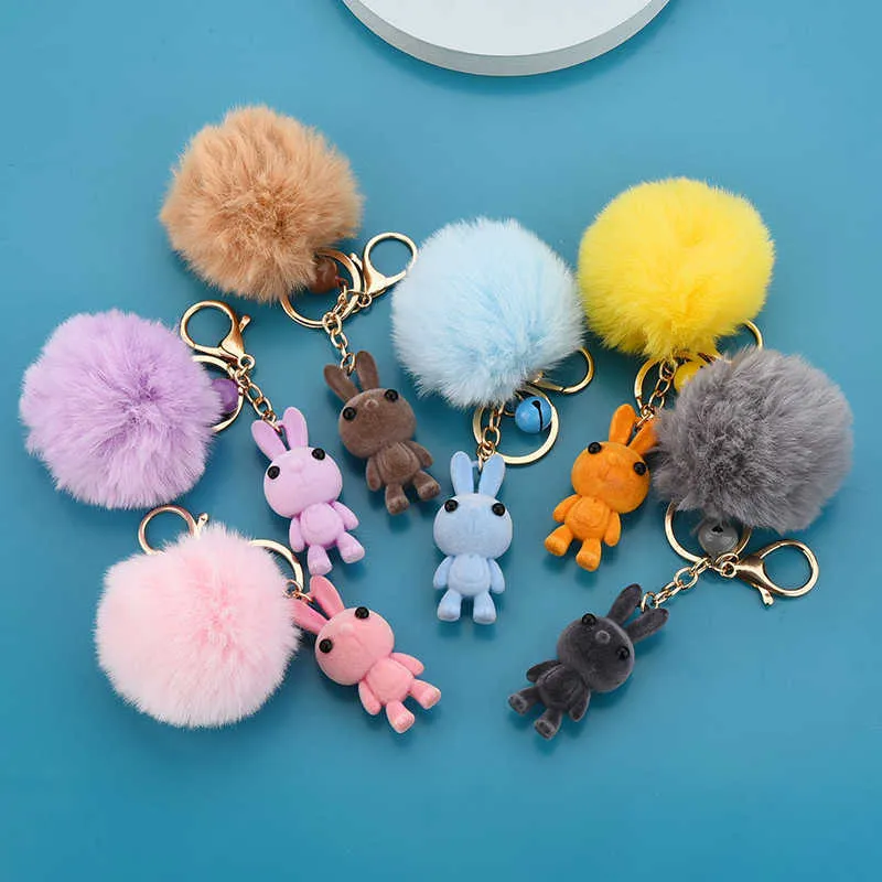 Porte-clés dessin animé mignon flip lapin animal poupée fourrure Pom Poms balle porte-clés femmes sac bijoux voiture clé pendentif G230525