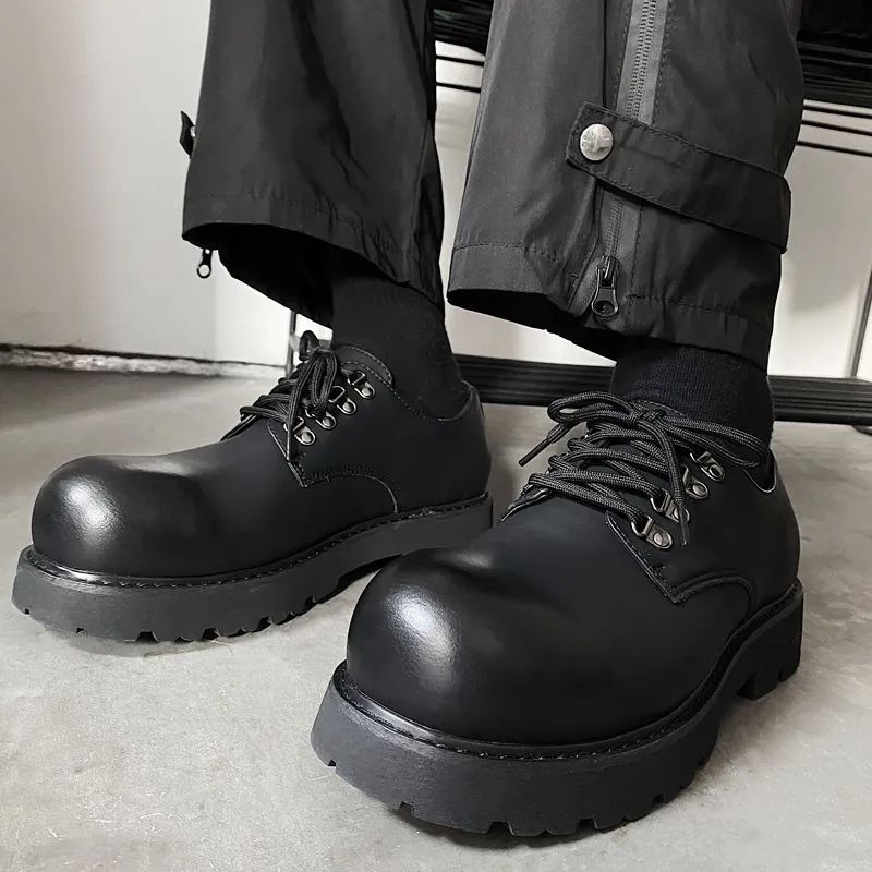 검은 두꺼운 힐 mens 더비 신발 패션 진짜 가죽 레이스 업 플랫폼 신발