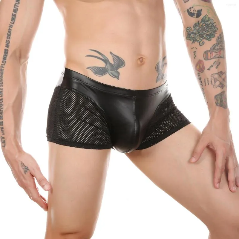 Caleçon noir hommes Faux cuir Boxer Shorts taille basse poche de renflement sous-vêtements évider maille transparente Patchwork slips