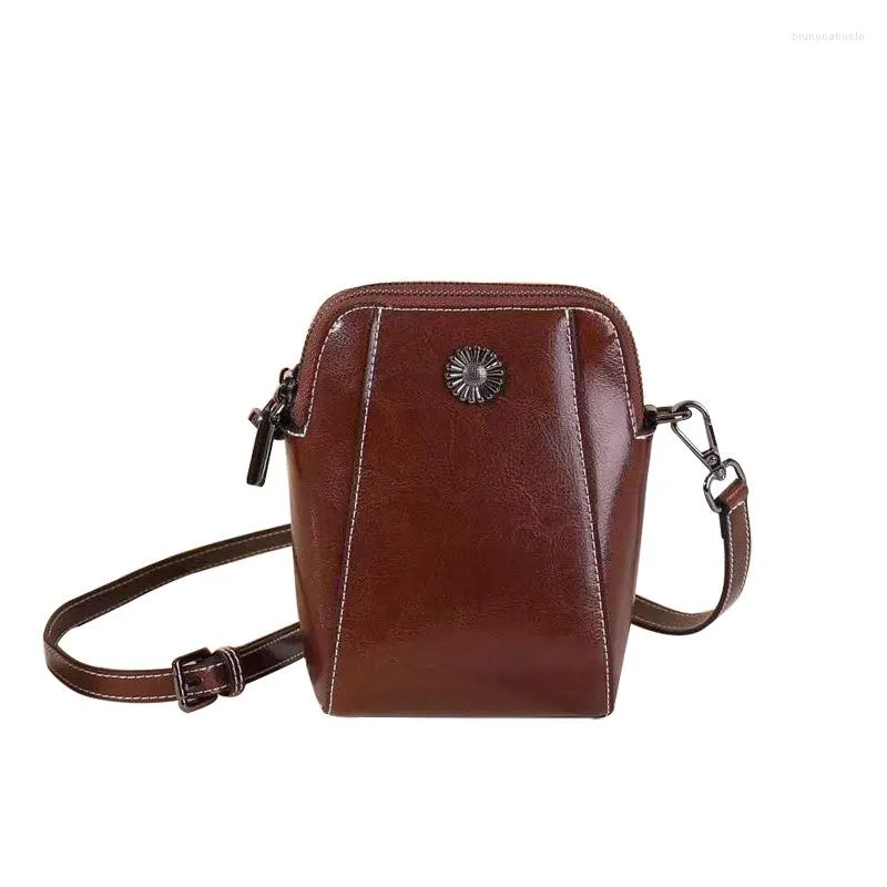 Sacs de soirée 2023 Double Fermetures Éclair En Cuir Véritable Casual Téléphone Sac Femmes De Luxe Cire Huile Mini Messenger Mode Tendance Rue Bandoulière