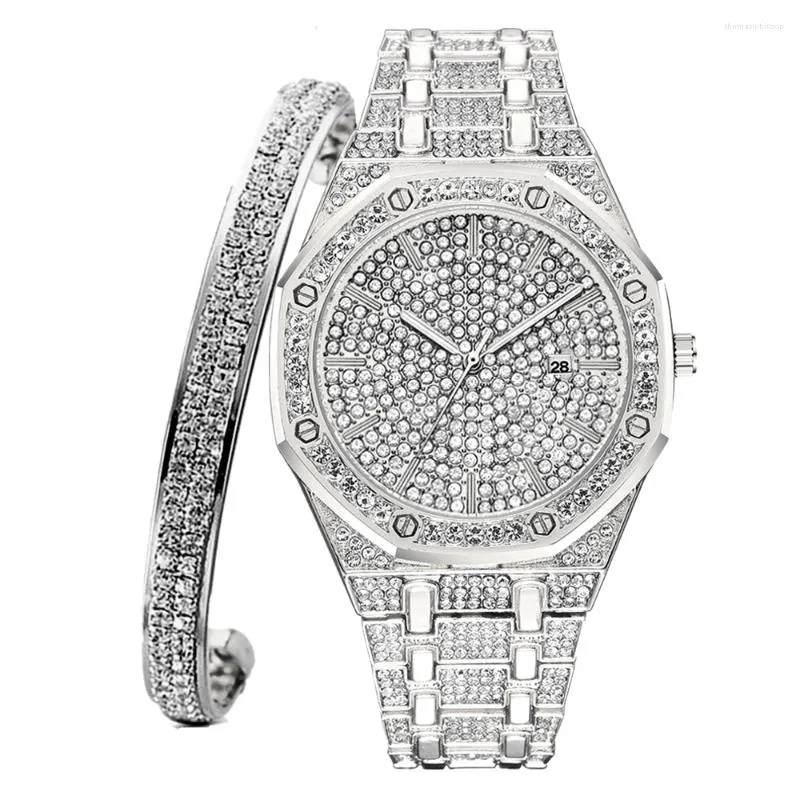 Wristwatches Iced Out Watch Bangle For Women Charm Bracelet Fashion Luxury Sliver Set Jewelry
