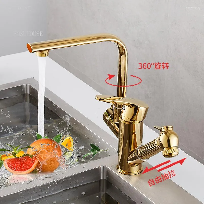 Küchenarmaturen, luxuriöser goldener Kalt-Ausziehhahn, Spritzpistole, Dual-Use-Wasserhahn, komplett aus Kupfer, Haushaltszubehör