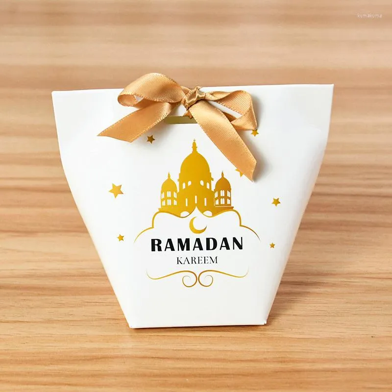 Gift Wrap 5/10Pcs White Eid Mubarak Bags With Ribbon Paper Candy Cookies Packing Bag Ramadan Decoration For Home Islamic Muslim Party