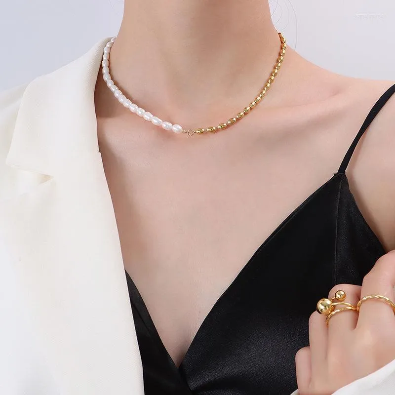 Hänge halsband naturligt sötvatten pärlhalsband för kvinna bröllopsfest gåva rostfritt stål guldfärg pärlor kedjor smycken