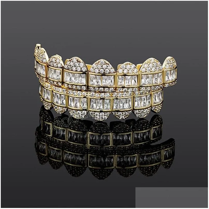 Grillz Dental Grills Iced Out Grillz Dents Bling Carré Zircon Pierre Dent Bijoux Pour Hommes Femmes Mode Drop Delivery Body Dhfic