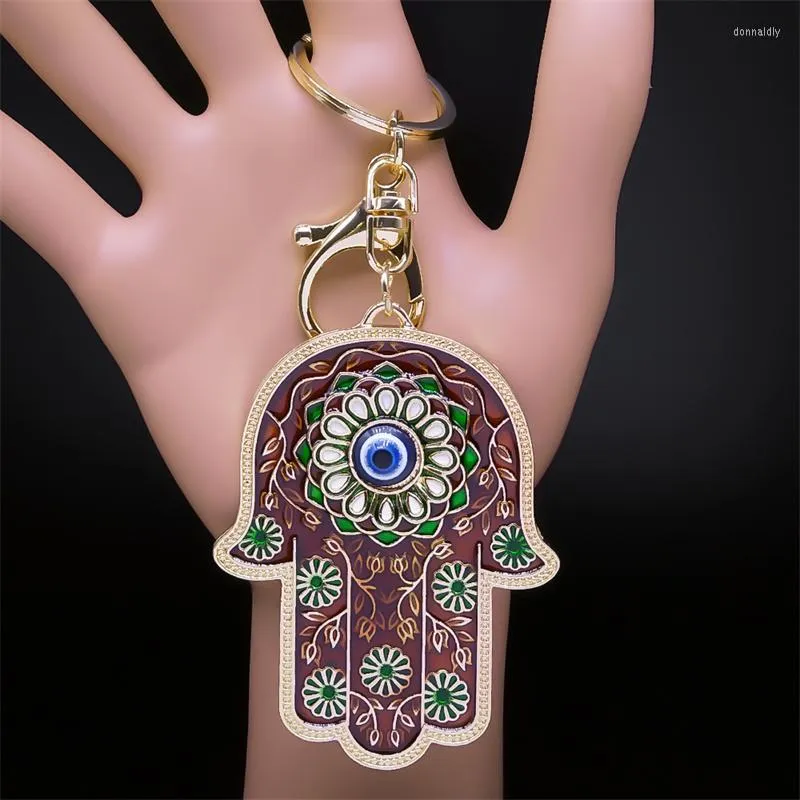 Chaves do Islã da Fátima Turky Blue Eyes Keychain Lucky Eye Hamsa Hands Flower Keyring Pingente Homens Mulheres Jóias Chaveiro Para Carro