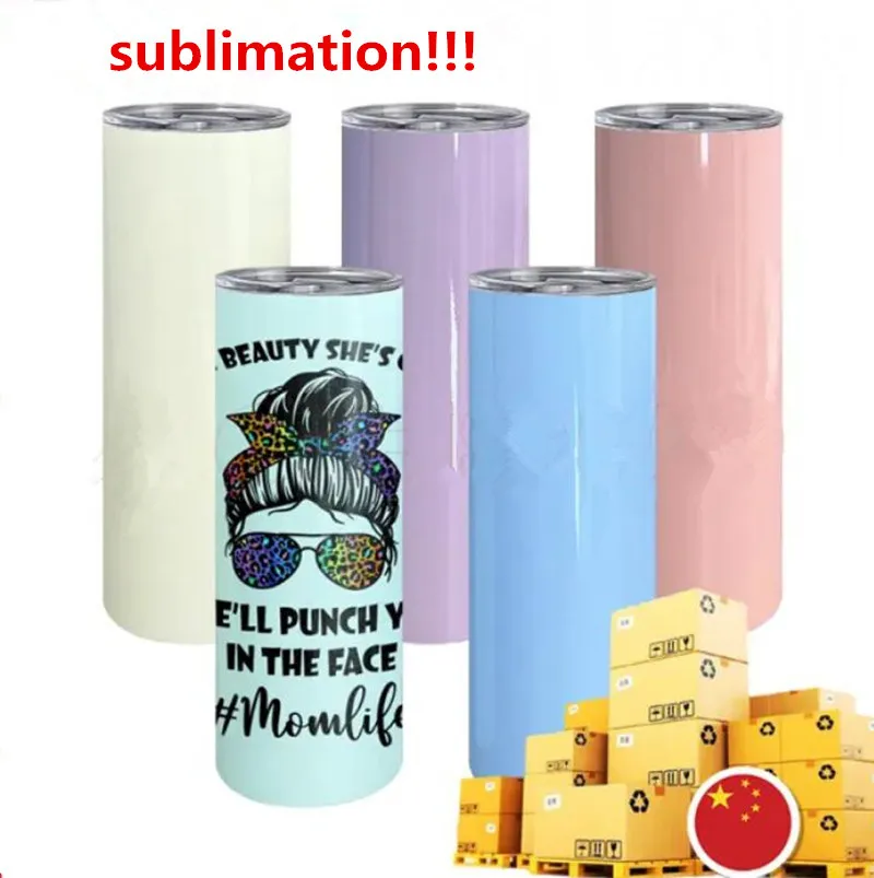 DIYサブリメーションストレートタンブラー20オンスColoful Sublimation Tumblerステンレス鋼スリムタンブラースキニータンブラー真空断熱旅行マグカップ