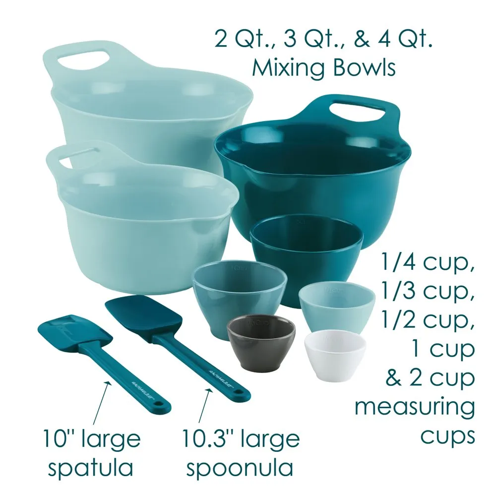 Rachael Ray Mix and Measure, Melamine, Mixing Bowl Meet Cup en Nylon, Utensil Set, 10 Piece, Light Blue and Teal