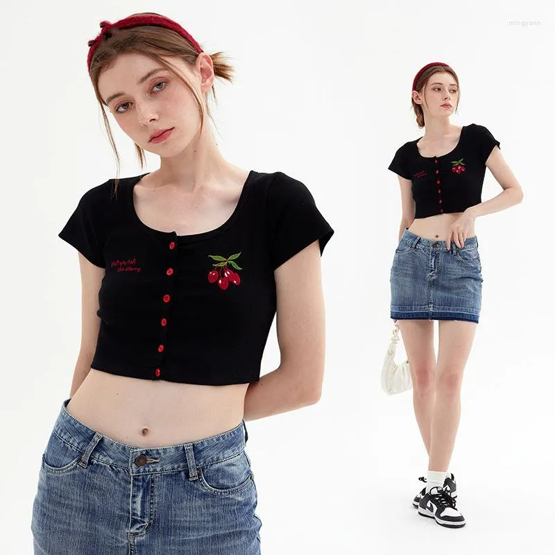 Women's T Shirts Cherry Embroidery Short Sleeve T-shirt U Neck Black Slim Waist Bare Pure Desire Spice Girl Style Girls Top Summer