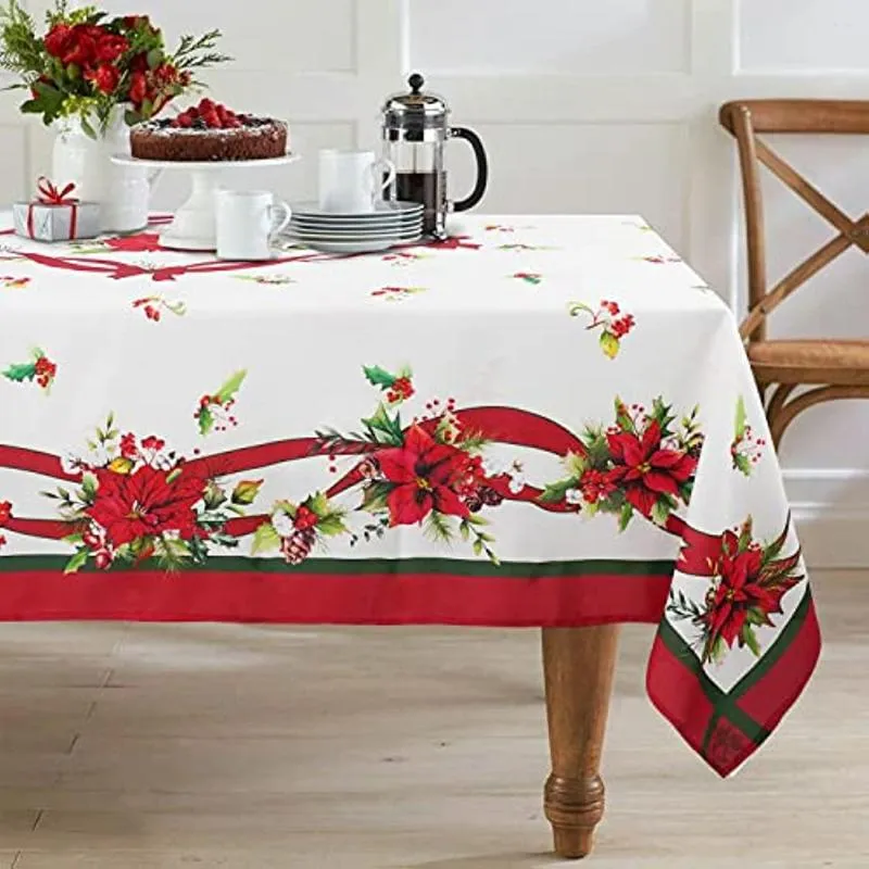 Table Cloth Red Christmas TableCloth Rectangle Washable Poinsettia Wedding Decoration For Kitchen Dinning Holiday Dinner Decor