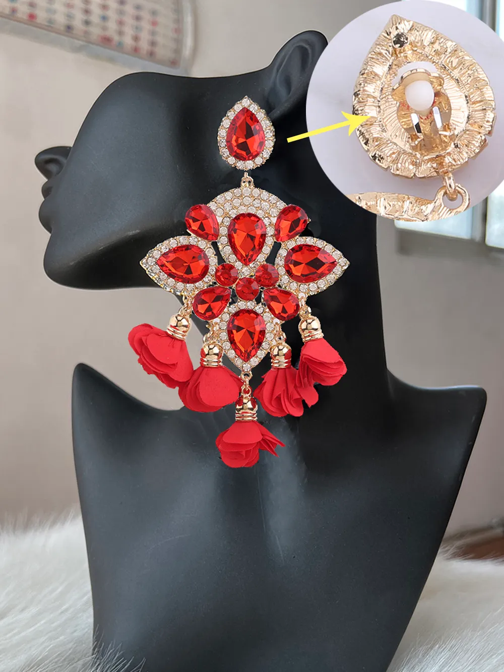 Nouveau Boho Coloré Clip Inde Boucles D'oreilles Pour Femmes Fleur Gland Boucle D'oreille Strass Pendentif Cristal Déclaration Boucles D'oreilles Bijoux