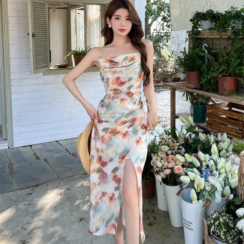 Party Dresses Temperament Fold Skirt With Shoulder-straps French Swing Get Painting Shading Women Dress