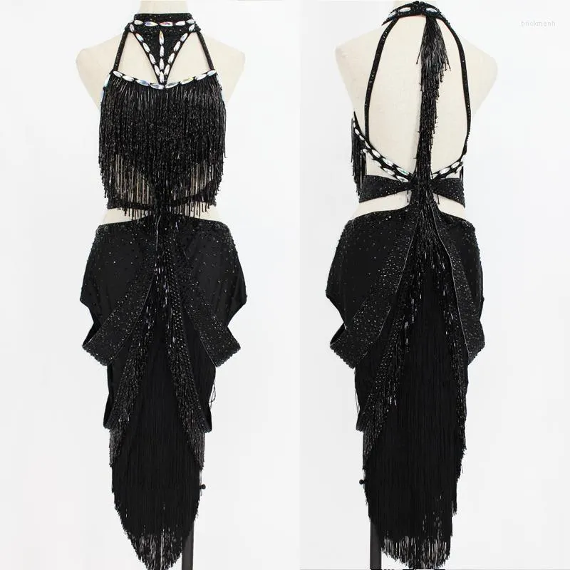 Stage Draag Latin Dance Costume Women/Girls Black Fringe Dress Sexy Backless Party Tassels Rok Chacha/Samba/Tap Competition