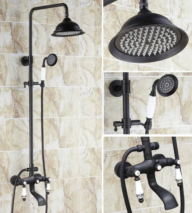 Badezimmer-Duschsets, Badezimmer-Wasserhahn-Set, schwarzes, mit Öl eingeriebenes Messing, Wandmontage, Regen-/Handbrause, Badewanne, kaltes und heißes Mischbatterie-Set Dhg124 G230525