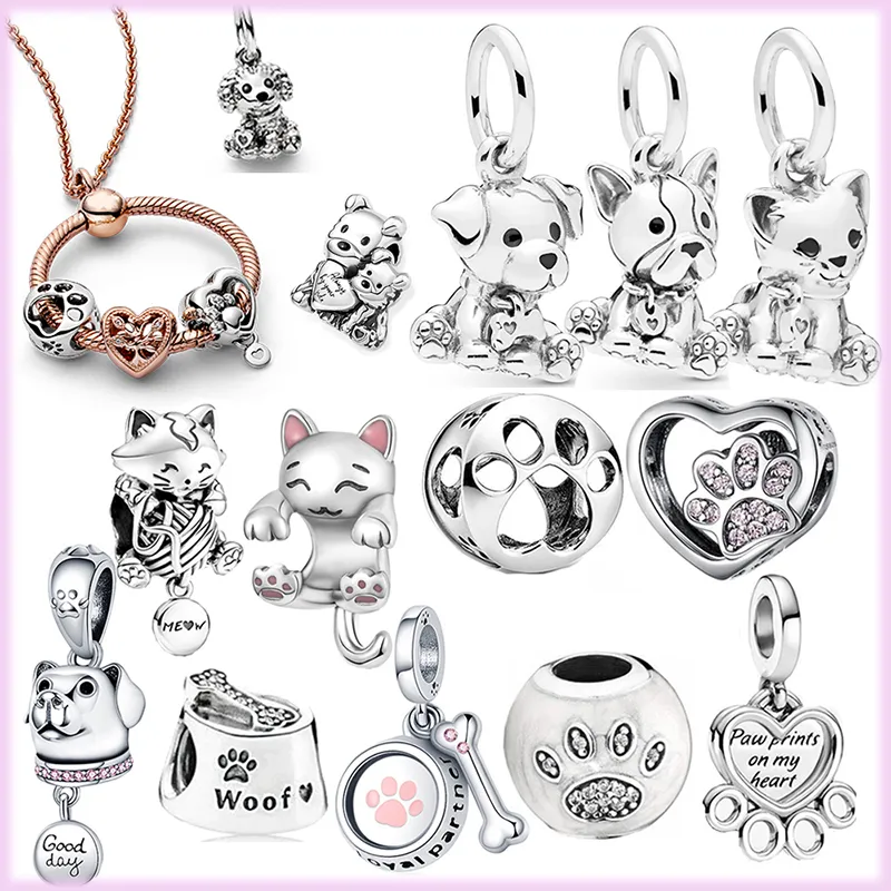 925 Sterling Silver Pandora Charm Pet Cats and Dog Sospensione Perline Adatto per Primitive Ladies Charme Bracciale Collana Gioielli Accessori moda