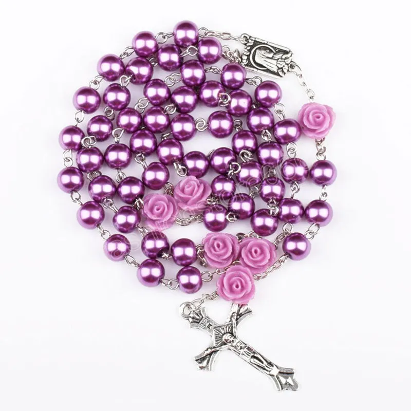 Collana con rosario in perle di vetro viola cattolico donna Croce Crocifisso Ciondolo Catena rosa Gioielli religiosi di moda