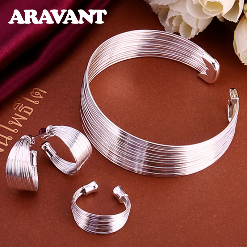 Set di gioielli in argento 925 di nuova moda set di anelli aperti multi linea semplici orecchini adatti per gioielli da sposa da donna