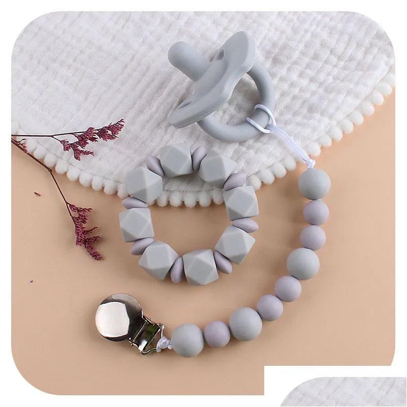 Pacifiers# Baby Pacifier Clip Add Sile Teether Beads Bracelet 3Pcs/Set Toddlers Product Infants Nipple Clips Dummy Drop Delivery Kid Dh5Ma