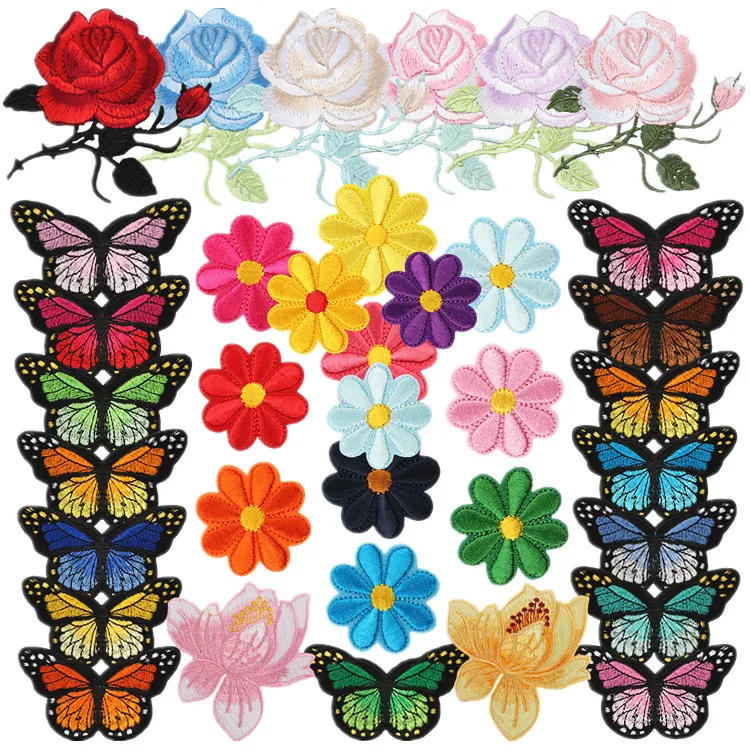 Noções 39 peças ferro em remendo para roupas flores de borboleta costurar em apliques grande tamanho de decoração fofa manchas bordadas para sacos de jeans Artes de artesanato