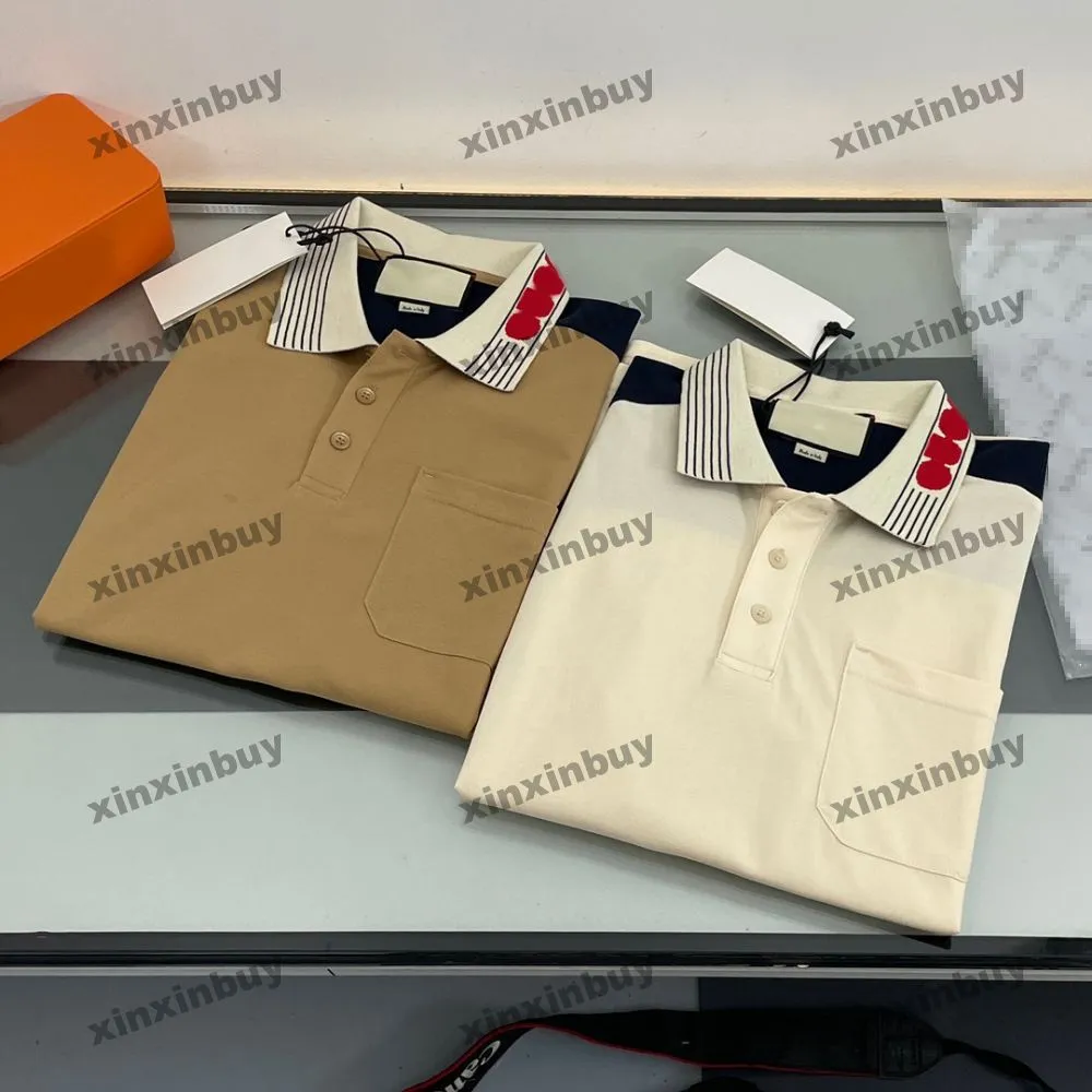 xinxinbuy Men designer Tee t shirt 23ss Collar Stripe Letter Jacquard polo short sleeve cotton women apricot khaki S-XL