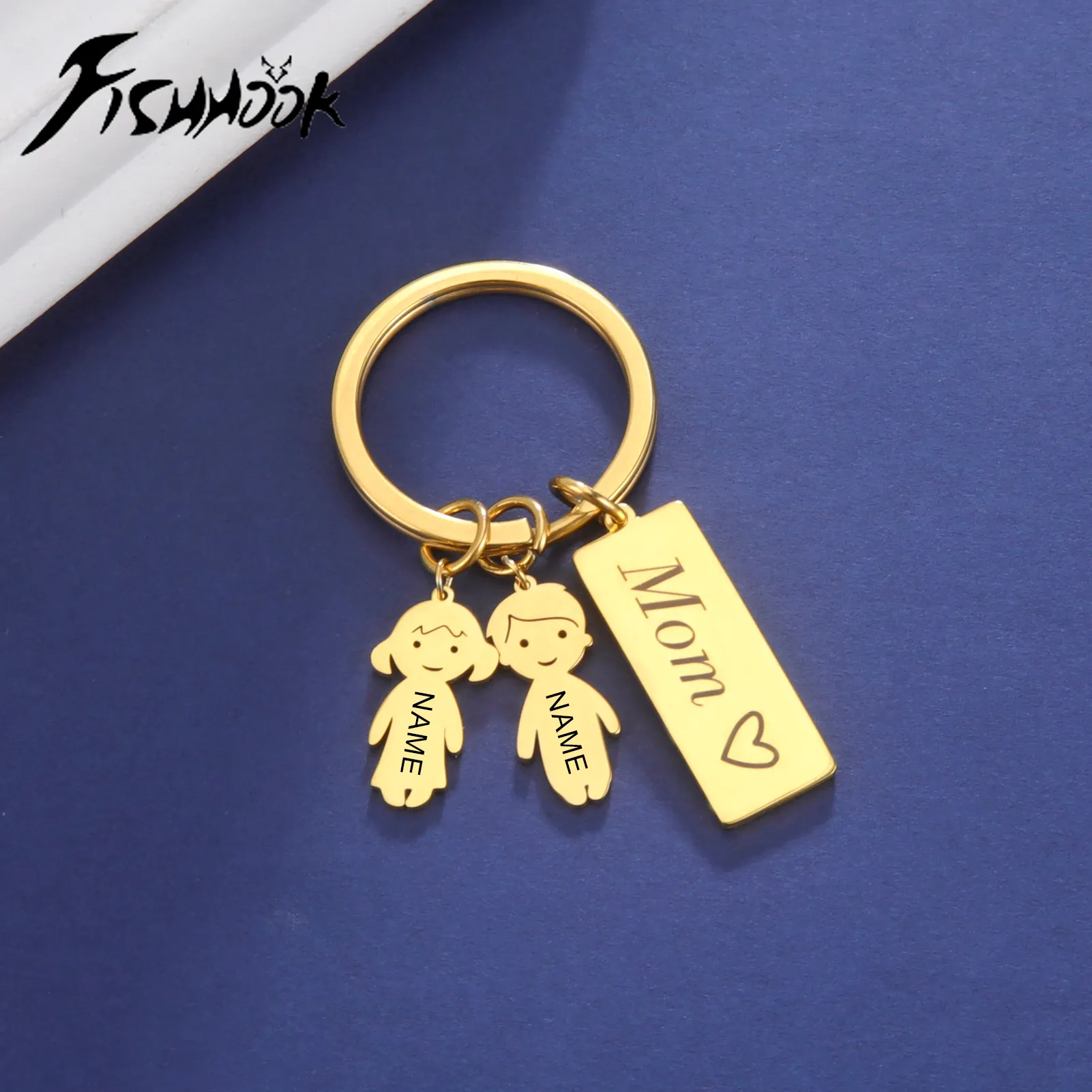 Fishhook Mama Papa personalisierter Schlüsselanhänger mit individuellem Namen, Familie, Schlüsselanhänger, Ring, Mutter, Junge, Mädchen, Kind, Kind, Geschenk für Frauen, Männer, Schmuck