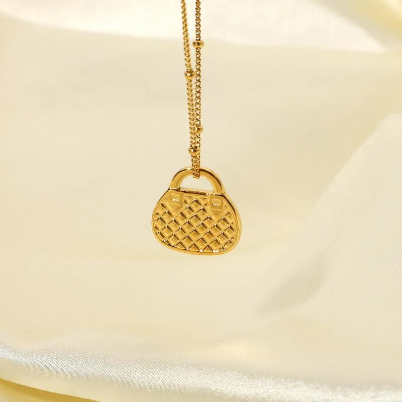 Pendant Necklaces Classic 18K Gold Plated Plaid Handbag Choker Necklace For Women Stainless Steel Lattice Cubic Bag Party