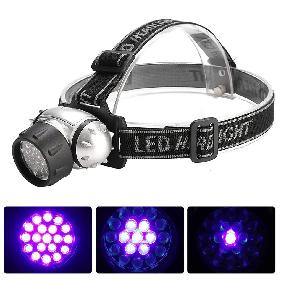 19 LED UV Ultraviolet Phare Violet Phare Étanche Lampe De Poche Extérieure 395nm Violet Tête Lampe Torches Lanterne Pour La Chasse Pêche