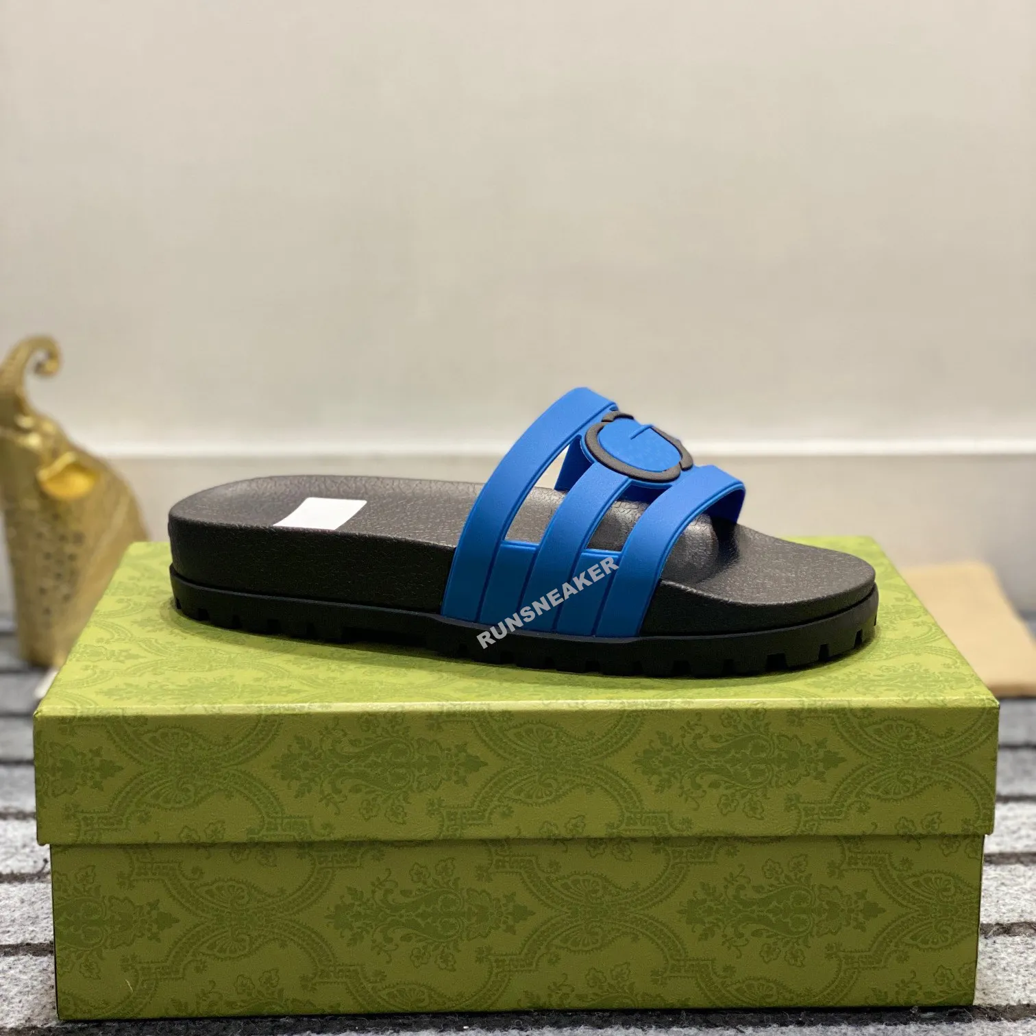 Floral Brocade Designer Rubber Slides Unisex Striped Beach Flip Flops with Gear Tread Sole