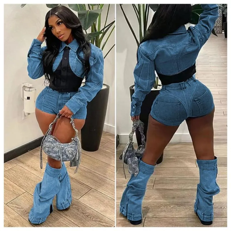 Women's Tracksuits Color Patchwork Jeans Two Piece Set Women Turn Down Collar Long Sleeve Single Breasted Jacket Crop Top Denim Shorts
