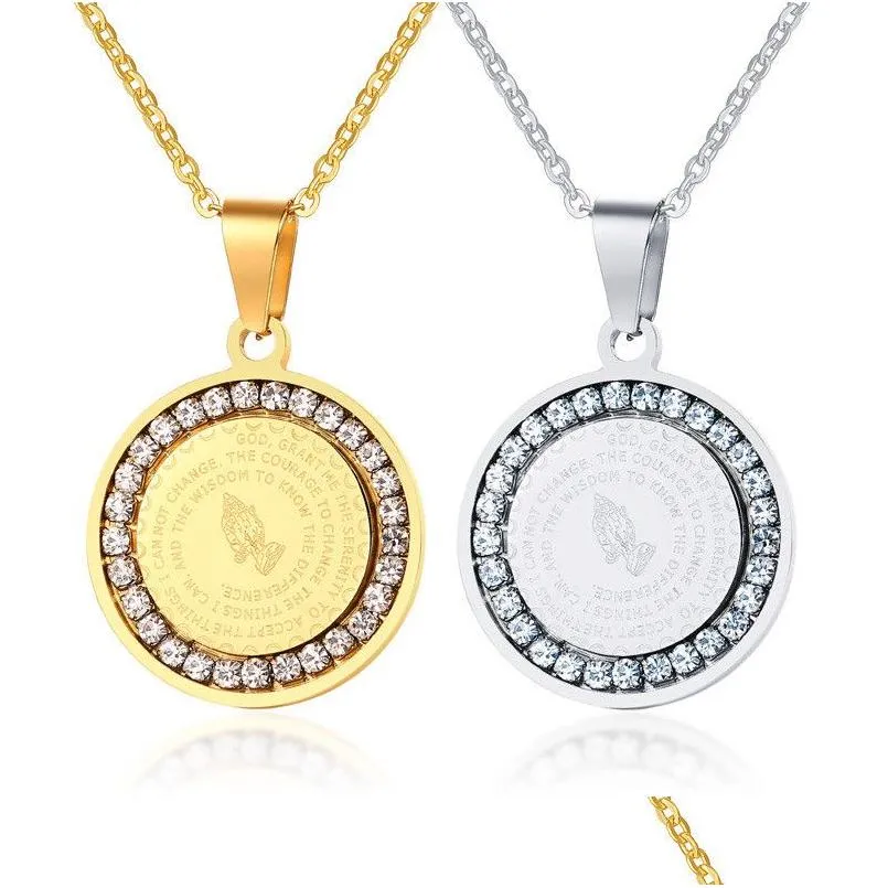 Pendant Necklaces Hand Coin Medal Bible Verse Prayer Men Women Necklace Stainless Steel Gold Sier Couple Jewelry Drop Delivery Pendan Dhryw