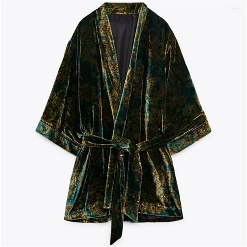 Kvinnors jackor cos lris höst och vinter kvinnor retro chic cardigan med bältes sammet textur lös kimono kappa 3046/385
