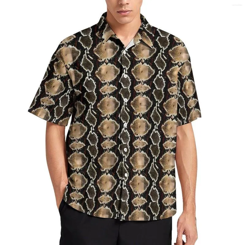 Camicie casual da uomo Camicia in pelle di serpente nera marrone Stampa animalier Spiaggia Camicette stile street hawaiano larghe Abiti oversize a maniche corte