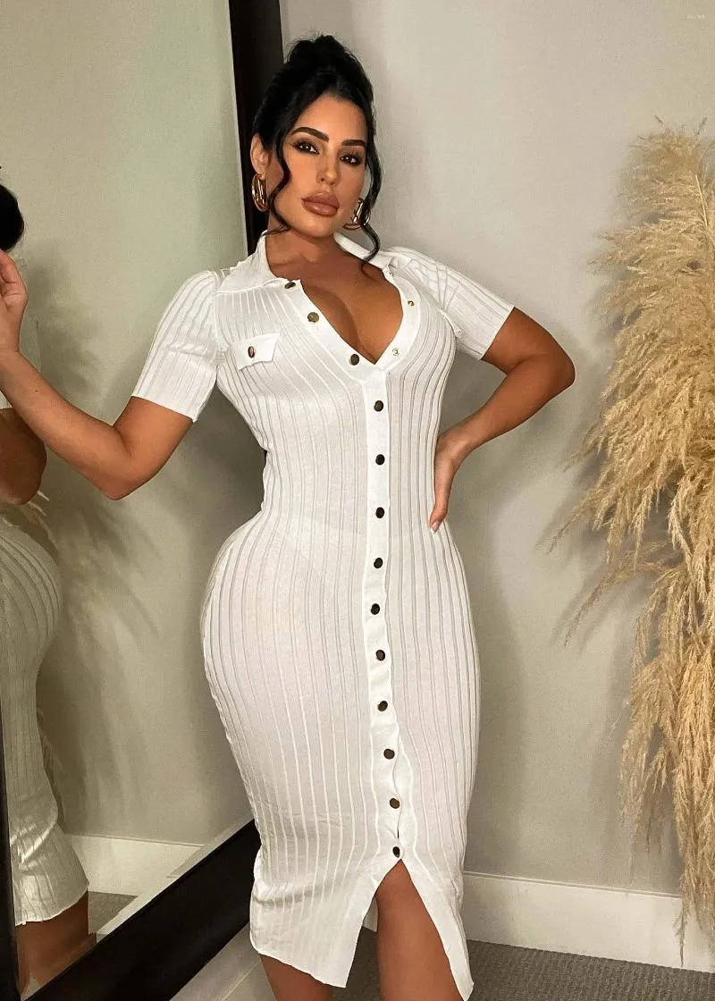 Casual Dresses Women's Solid Color Dress 2023 Summer V Neck Button Pit Strip Elastic Sticked Elegant Long Kirt Club Party Clothing