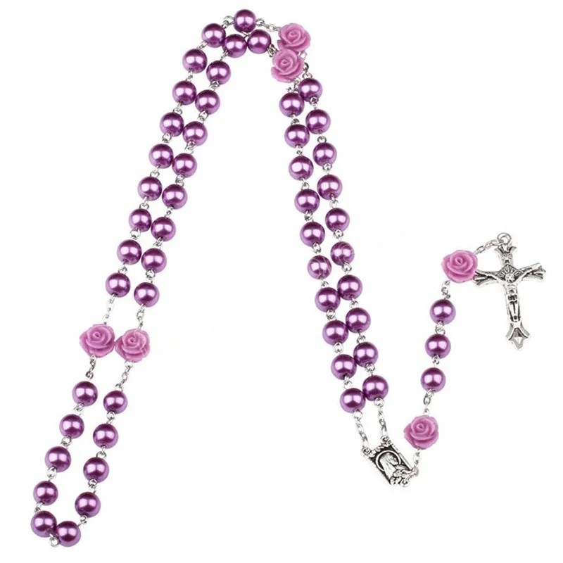 Collana con rosario in perle di vetro viola cattolico donna Croce Crocifisso Ciondolo Catena rosa Gioielli religiosi di moda