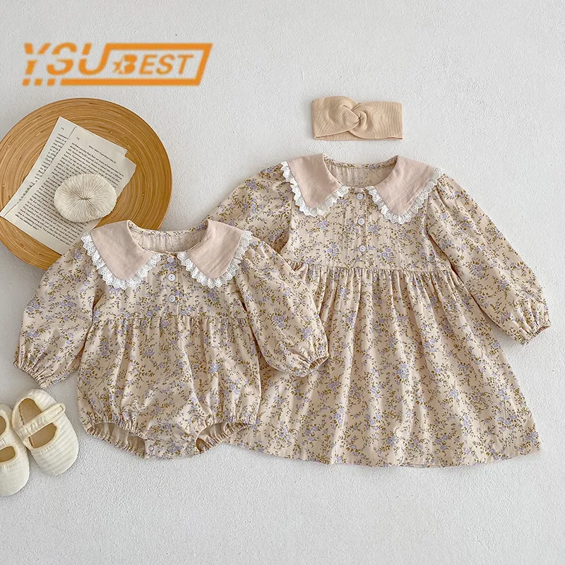 Rompers lente babymeisjes zus kleding peuter prinses kinderen lange mouwen bloemen met bloemen gedrukte jurken 230525