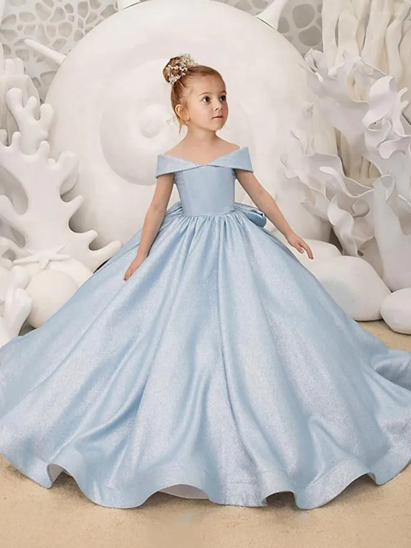 Girl Dresses Blue Flower Elegant Princess Satin Ball Gown For Kids Birthday Party Dress Simple Bow First Communion