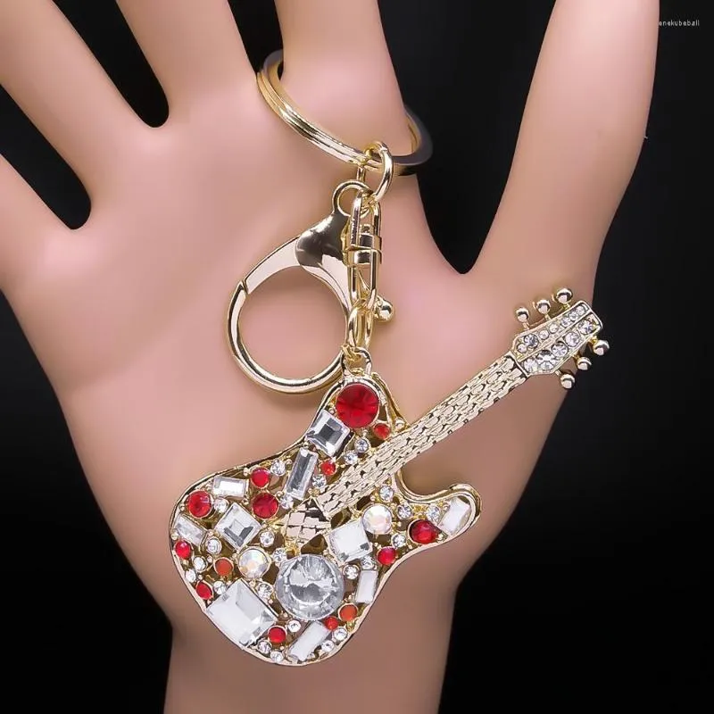 Keychains Attractive Musical Instrument Guitar Rhinestone Keyring Holder Hip Hop Music Purse Bag For Car Decorative Gift Jewelry