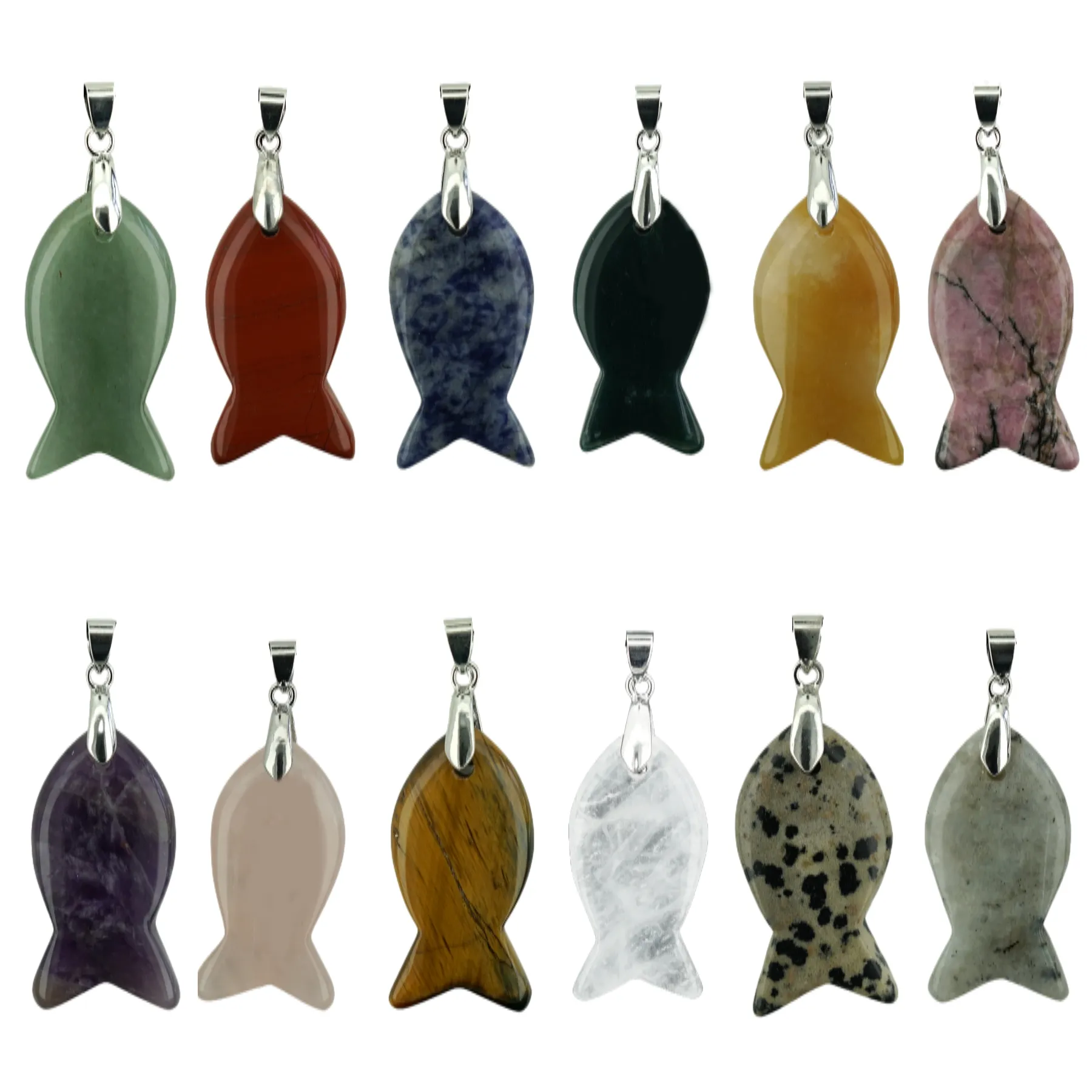 Natural Stone Fish Pendants for DIY Making Jewelry Necklace Healing Chakra Crystal Fishes with Silver Findings Accessories