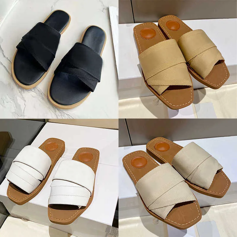 Kvinnors sandaler designer woody platt sandal bokstäver tofflor kalvskinn duk korsband skor sommarstrand flip flops utomhus läder sulasulor med låda nr290