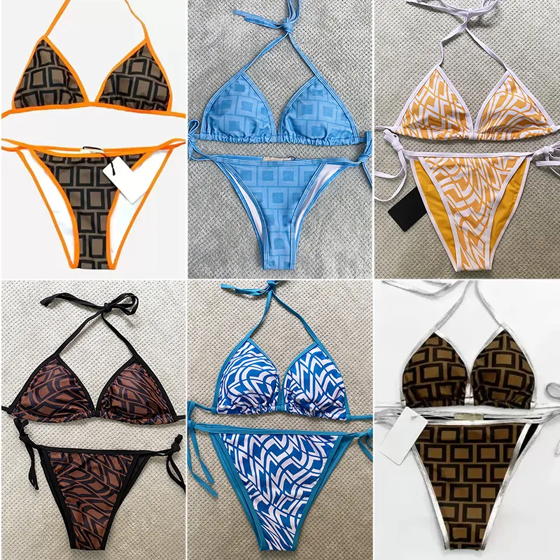 Moda tasarımcı genç kız bikini set mektupları f thegs üstler sutyen mayo kahverengi mayo bayan gündelik push plaj mayo takım elbise seksi annelik klasik plaj kıyafeti