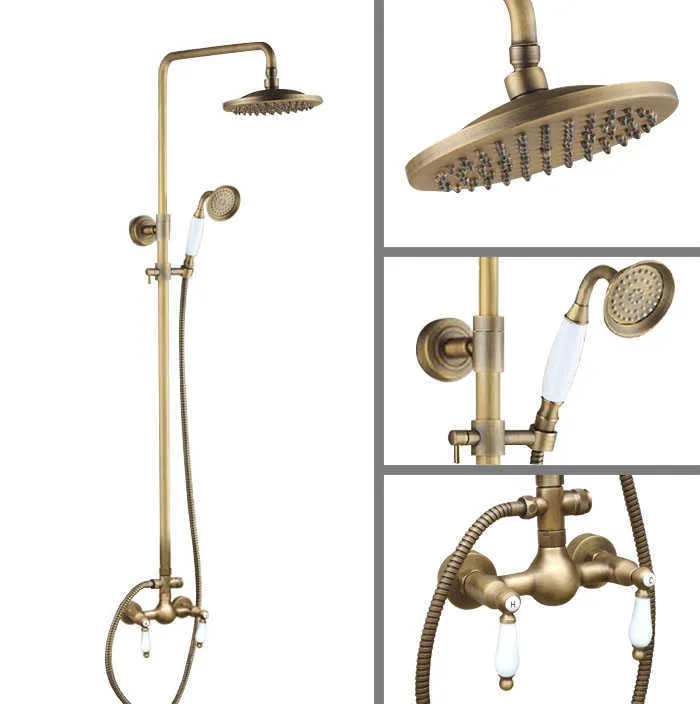 Bathroom Shower Sets Vintage Retro Antique Brass Wall Mounted Bathroom 8" Round Rain Shower Head Faucet Set Dual Ceramic Handles Mixer Tap man118 G230525